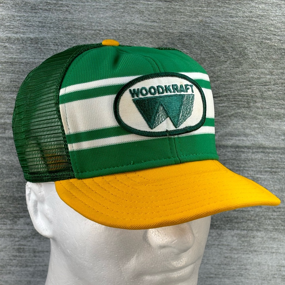 VTG WoodKraft Patch 3 Stripe Mesh AJD Superstripe USA Made Snapback Trucker Hat